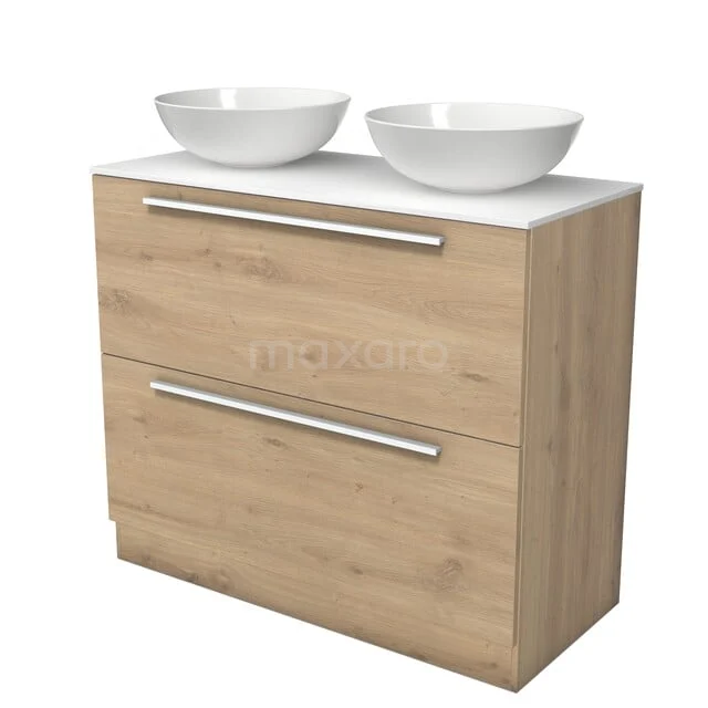 Modulo Plato Badkamermeubel voor waskom | 100 cm Lichtbruin eiken Vlak front Solid surface blad 2 hoge lades onder elkaar staand BMK13S-00262 Modulo Plato Badkamermeubel voor waskom | 100 cm Lichtbruin eiken Vlak front Solid surface blad 2 hoge lades onder elkaar staand BMK13S-00262