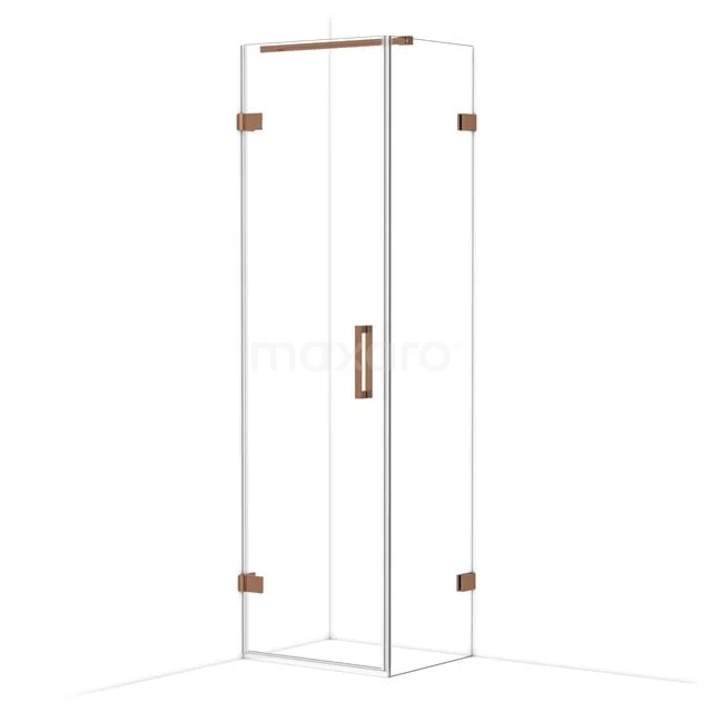 Douchedeur met helder glas, koperkleurige scharnieren en handgreep, modern design voor een stijlvolle badkamer.