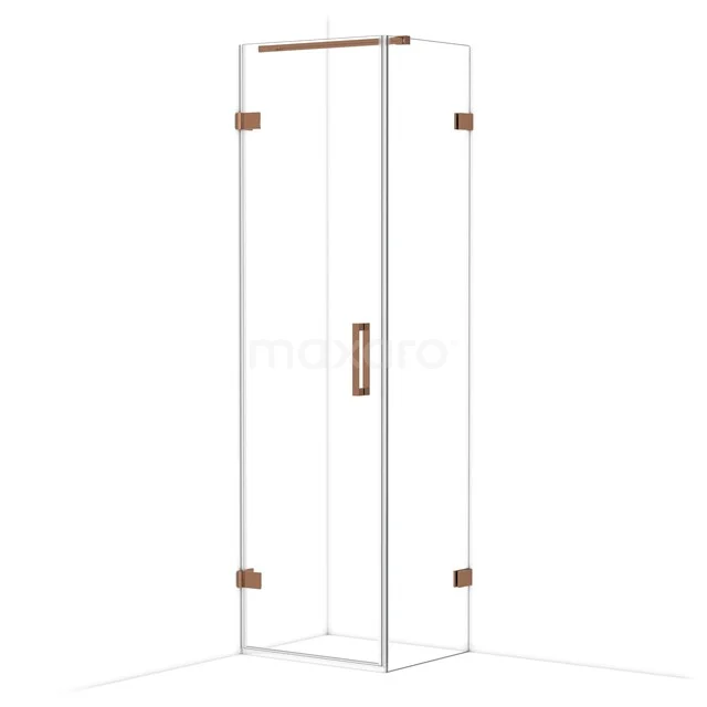 Douchedeur met helder glas, koperkleurige scharnieren en handgreep, modern design voor een stijlvolle badkamer.