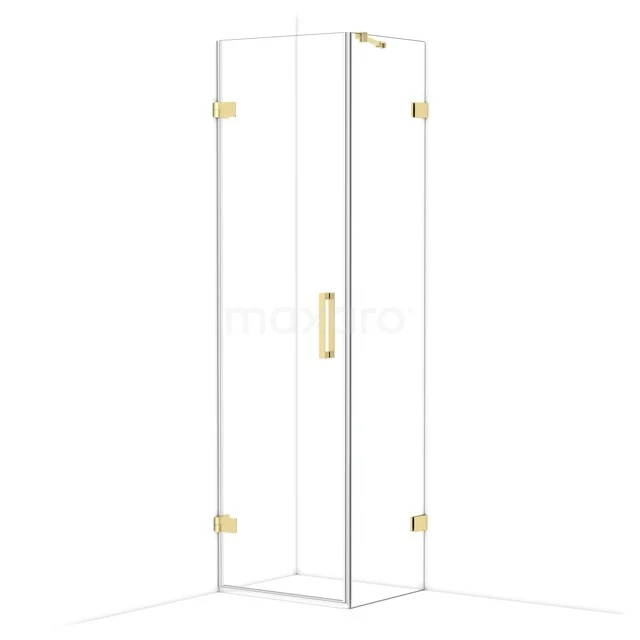 Glas Duschkabine mit Eckeinstieg, klare Paneele und goldene Scharniere, perfekt für ein modernes Badezimmer.