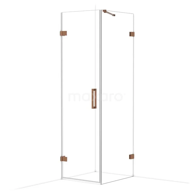 Glazen douchecabine met hoekopstelling, moderne koperkleurige details, ideaal voor een stijlvolle badkamerinrichting.