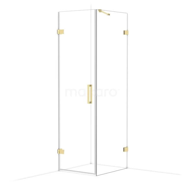 Glass shower cabin with gold-coloured details, corner installation and sleek design, ideal for a stylish bathroom decor.