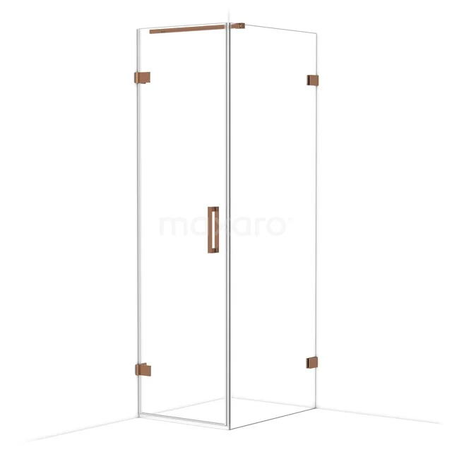 Minimalistische Glas-Duschkabine mit Kupferakzenten, straffes Design für ein modernes Badezimmer.