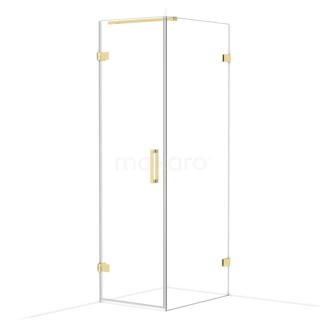 Glazen douchecabine met gouden scharnieren en handgreep, modern ontwerp voor luxe badkamerinrichting.