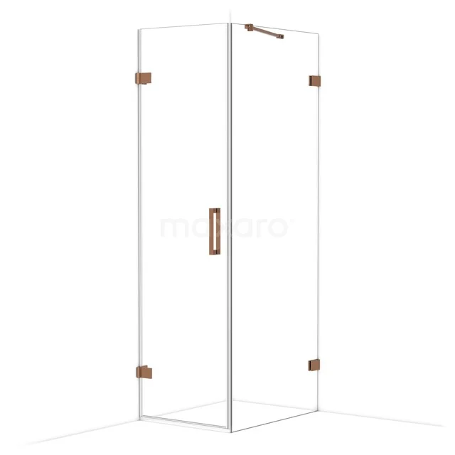 Shower cabin with clear glass, angular design and brass details, perfect for a modern bathroom.