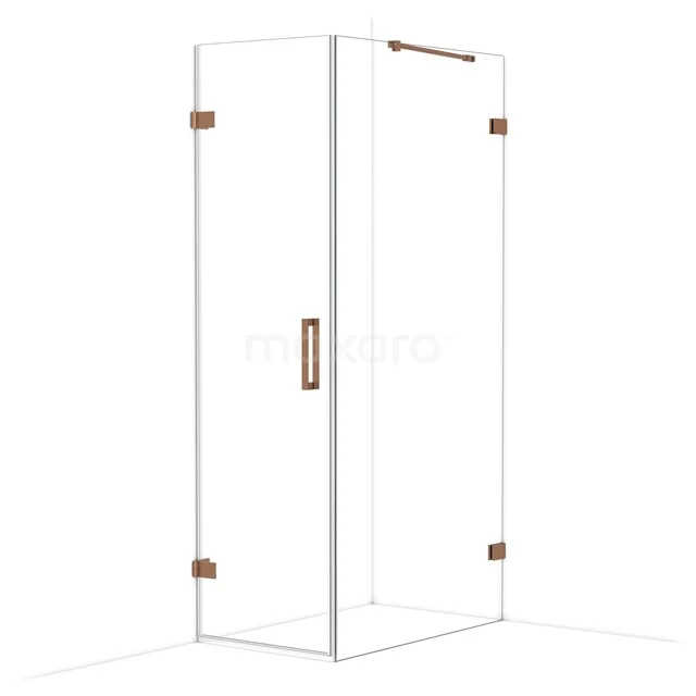 Glazen douchecabine met koperkleurige accenten, hoekig design en modern profiel voor stijlvolle badkamerinrichting.