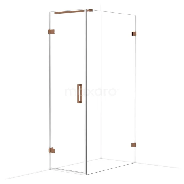 Douchecabine met hoekopstelling, helder glas en koperkleurige accenten, perfect voor een stijlvolle moderne badkamer.