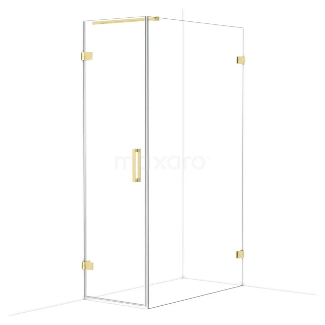 Glass shower cabin with gold-coloured details, corner model, perfect for modern bathroom decor.