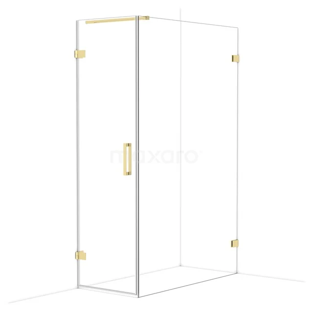 Glas Duschkabine mit goldfarbenen Scharnieren und Haltegriff, modernes Aussehen, perfekte Ergänzung für jedes Badezimmer.