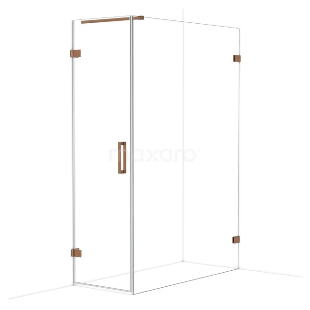 Glazen douchecabine met roségouden scharnieren en handvat, moderne badkamerstijl, hoekopstelling, strak en elegant ontwerp.