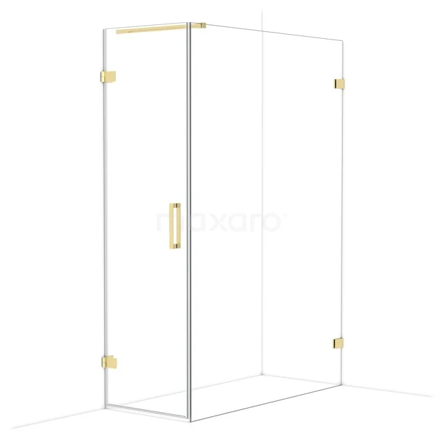 Glass shower cabin with gold accents, square design, ideal for a modern bathroom.
