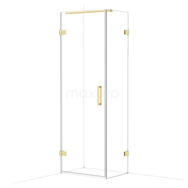 Glass shower cabin with gold accents, corner model, sleek lines, ideal for a luxury bathroom design.