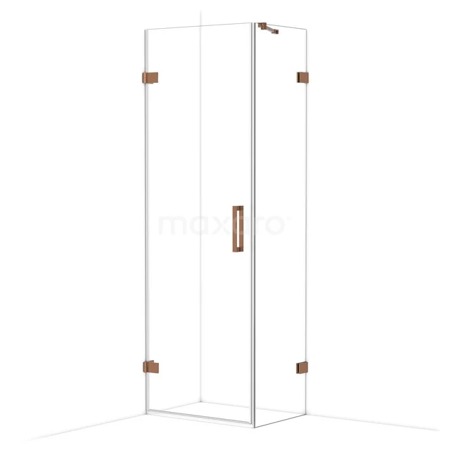 Glass shower cabin with copper-coloured hinges and handle, modern design for a stylish bathroom.