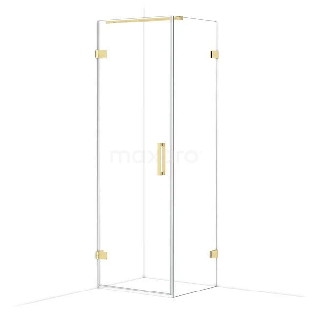 Glazen hoekdouche met gouden details en strakke afwerking, perfect voor een stijlvolle badkamer.
