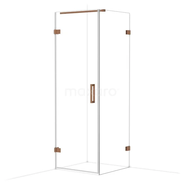 Glass shower cabin with rose gold hinges and handle, elegant design for a modern bathroom.