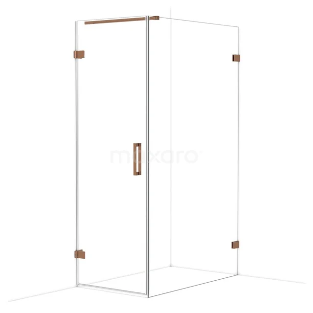 Freestanding shower cabin with transparent glass, copper-coloured accents and a modern look, perfect for a stylish bathroom.