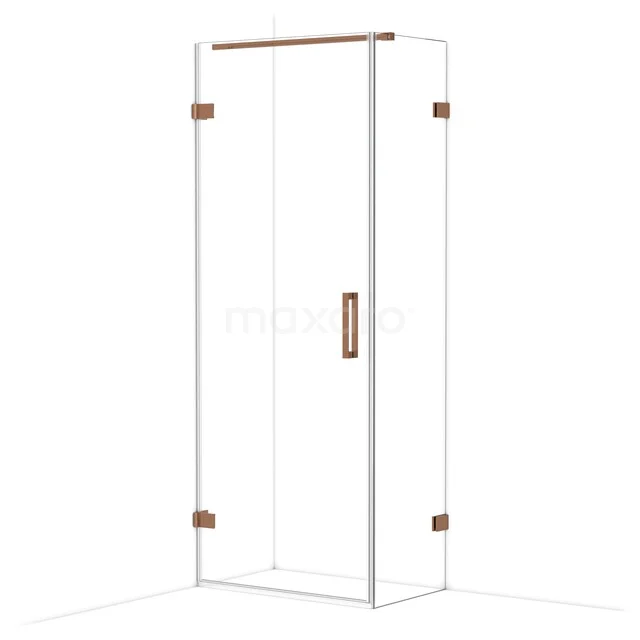 Glass shower door with chrome and copper accents, modern design, ideal for a stylish bathroom.