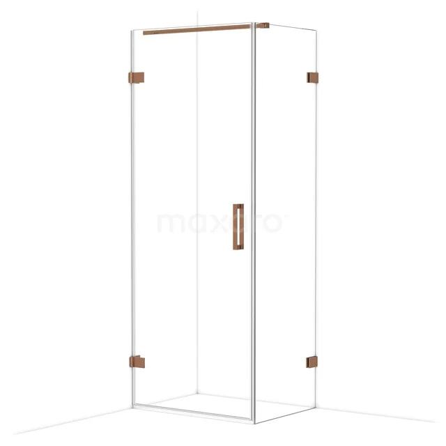 Glass shower cabin with copper-coloured details, sleek design, ideal for a modern bathroom.