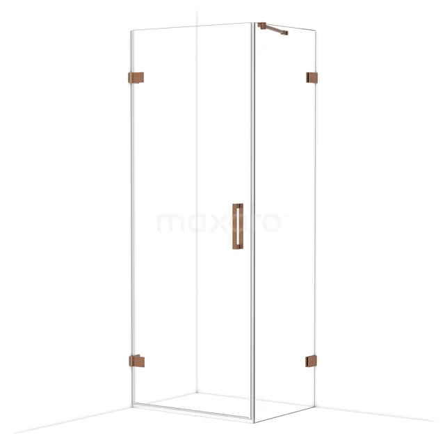 Glas Duschkabine mit kupferfarbenen Akzenten, minimalistisches Design und rechte Winkel, ideal für ein stilvolles Badezimmer.