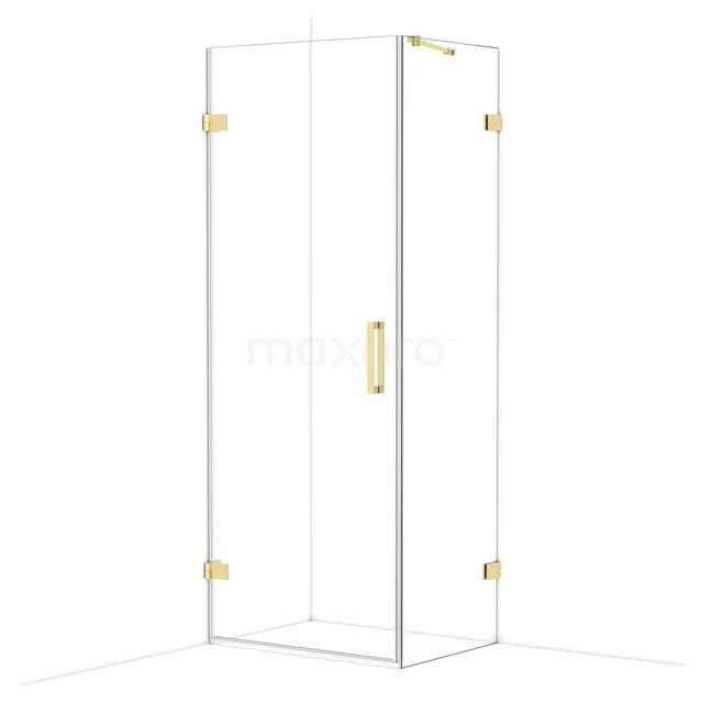 Glas Duschkabine mit goldfarbenen Scharnieren und Haltegriff, minimalistisches Design für ein modernes Badezimmer.