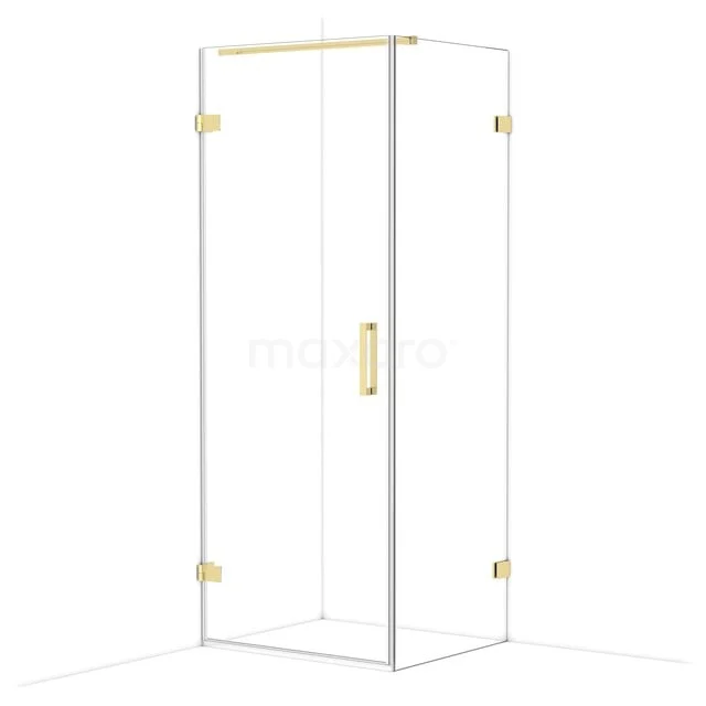 Glas Duschkabine mit goldfarbenen Akzenten, eckigem Design und Drehtür, ideal für eine stilvolle Badezimmergestaltung.