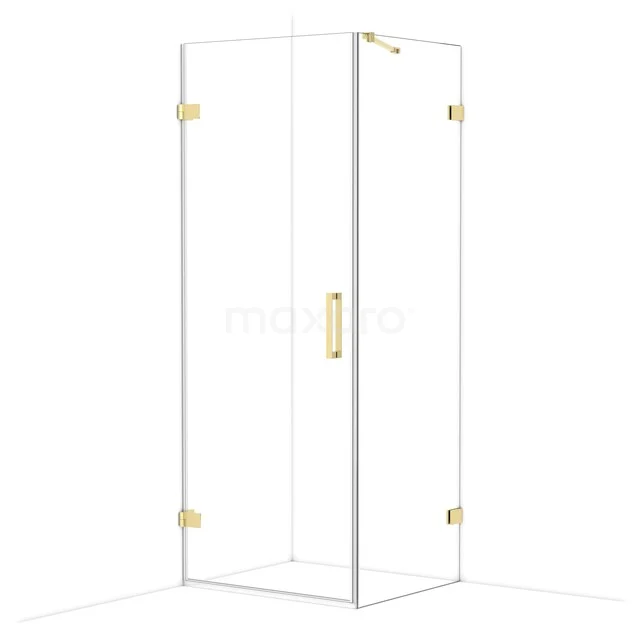 Glas Duschkabine mit goldfarbenen Akzenten, Eckmodell mit Drehtür, perfekt für ein modernes Badezimmer.