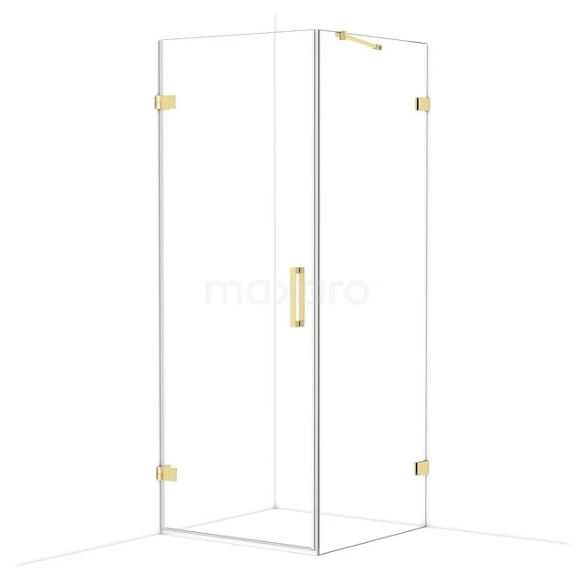 Glass shower cabin with gold accents, modern corner shape, ideal as a stylish addition to any bathroom.