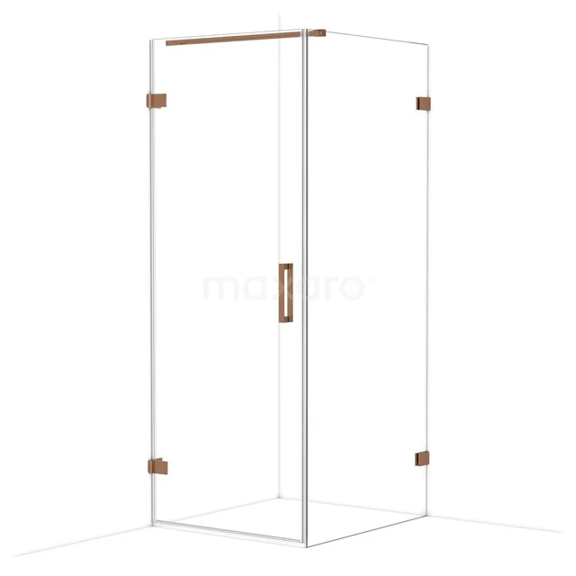 Glazen douchecabine met koperkleurige scharnieren en handgreep, modern design voor een stijlvolle badkamer.