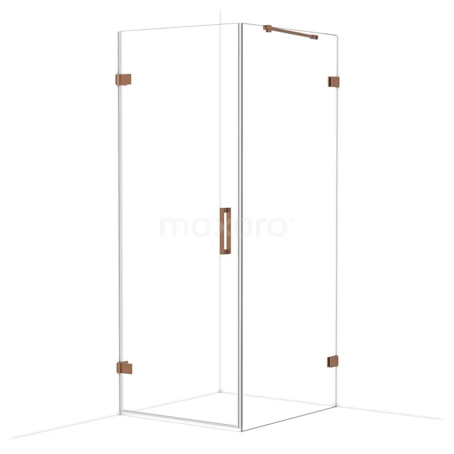 Glass shower cabin with corner entry, transparent design, brass details, perfect for a modern bathroom.