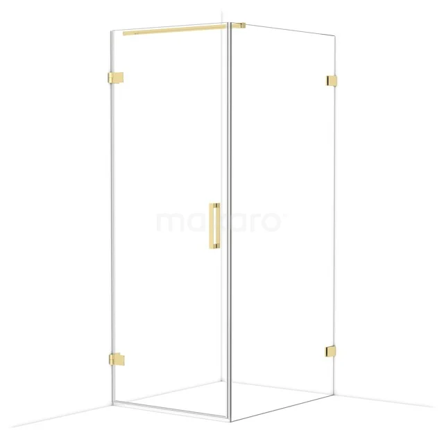 Glazen douchecabine met goudkleurige accenten en vierkante vorm, luxe toevoeging aan een moderne badkamer.