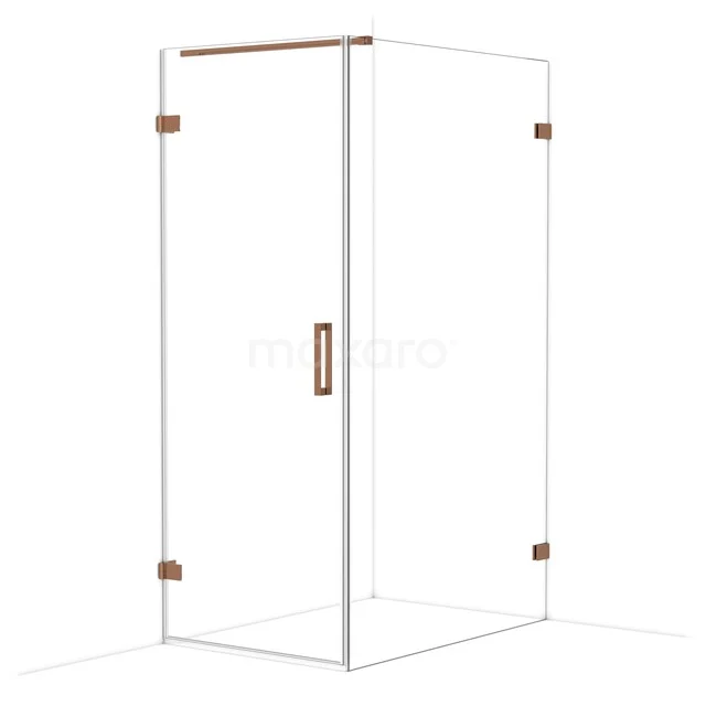 Glass shower cabin with copper-coloured accents and angular design, a perfect addition to a modern bathroom.