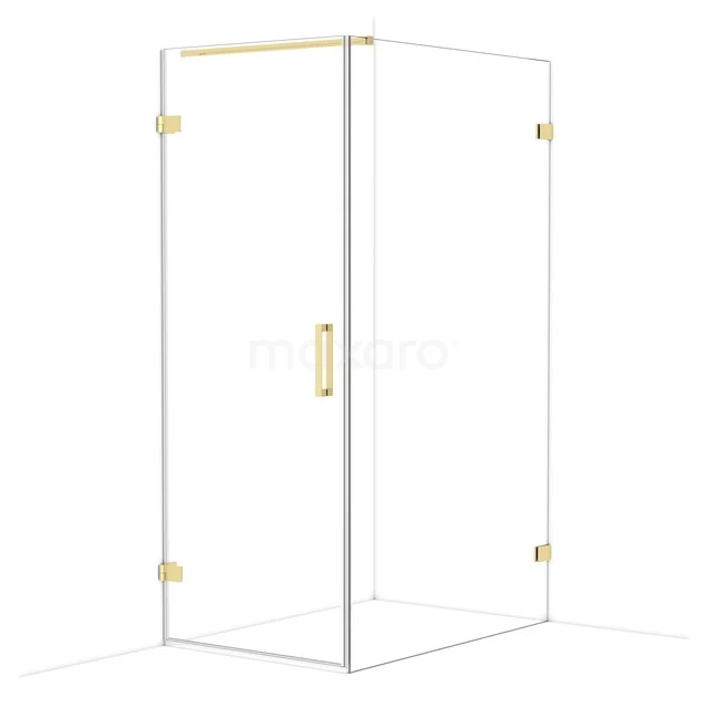 Glasene Duschkabine mit goldenen Details, eckiges Design, ideal als luxuriöse Badezimmerlösung.