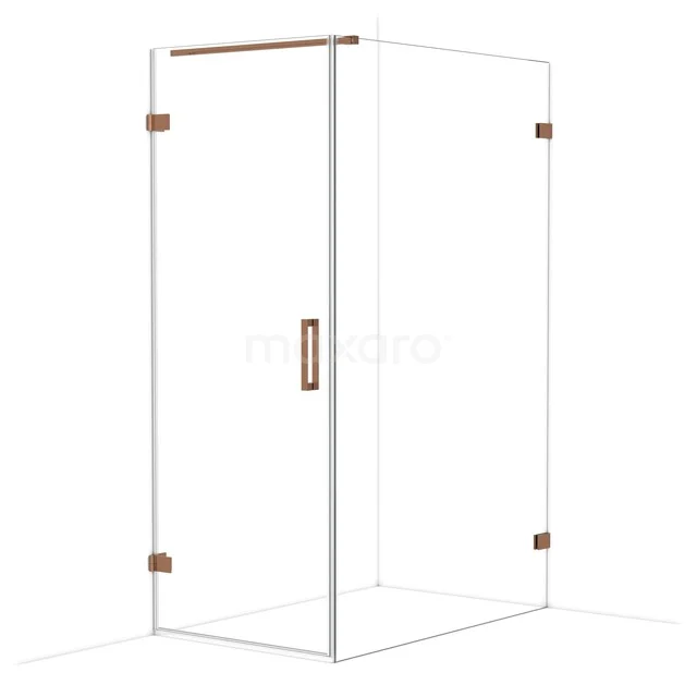Glass shower cabin with rose gold details, minimalist design and corner entry for a stylish bathroom experience.