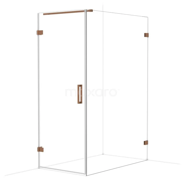 Glazen douchecabine met koperkleurige scharnieren, hoekmodel, strak design, ideaal voor een moderne badkamer inrichting.