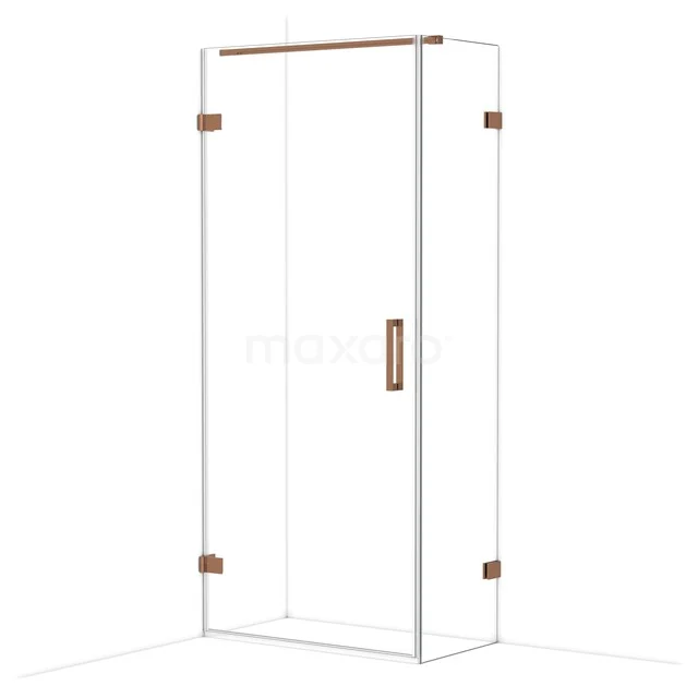 Glass shower door with copper-coloured accents, sleek design and minimalist appearance, ideal for modern bathrooms.