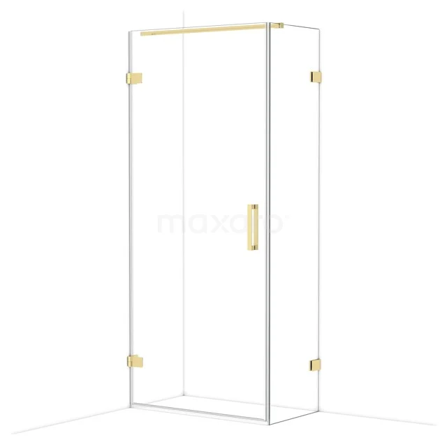 Glass shower door with gold details, sleek design and minimalist style, ideal for a modern bathroom.