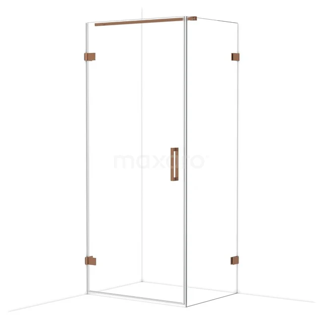 Glass shower cabin with rose gold details, corner model, perfect for a modern bathroom design.