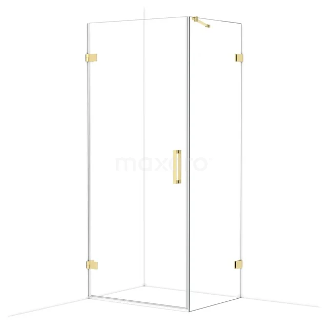 Glass shower cabin with gold hinges and handle, luxury design for a modern bathroom decor.