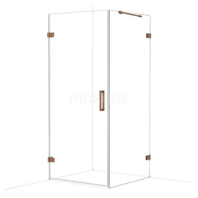 Glazen hoekdouchecabine met roestkleurige scharnieren en handgreep, modern design voor een stijlvolle badkamer.