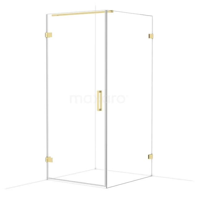 Glass shower cabin with gold accents, luxurious appearance, perfect for a modern bathroom.