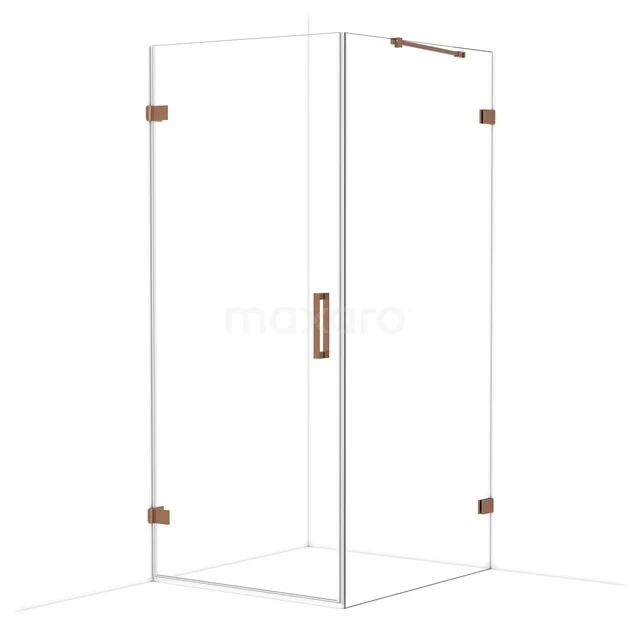 Glass shower wall with copper-coloured accents, corner model, ideal for a stylish and modern bathroom design.
