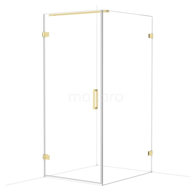Square shower cabin, glass with gold accents, suitable for modern bathroom decor.