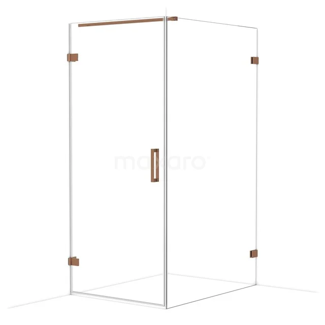 Sleek glass shower cabin with rose gold accents, angular design and stylish finish for a modern bathroom.