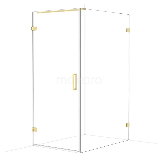 Glass shower cabin with corner entry, gold finish and minimalist design, ideal for a luxury bathroom.