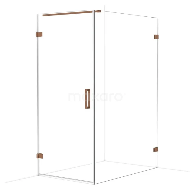 Transparente Duschkabine mit Eckeinstieg und Messingdetails, modernes Design für ein stilvolles Badezimmer.