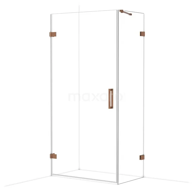 Glas Duschkabine mit stilvollen Kupferdetails, Eckmodell, ideal für ein modernes Badezimmer.