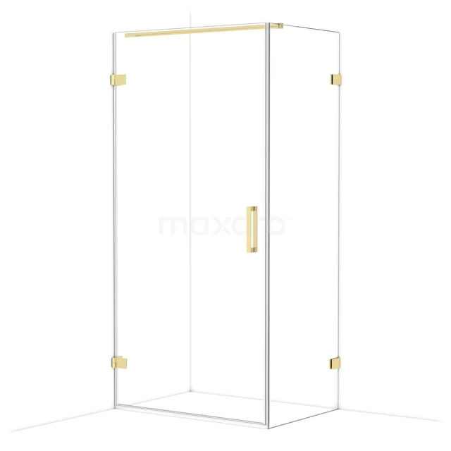 Glass shower cabin with gold accents, sleek design, ideal for a luxury bathroom decor.