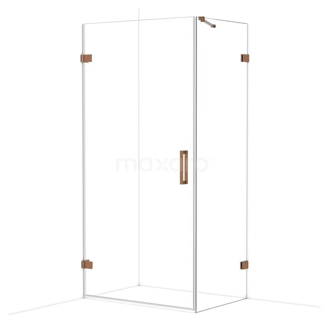 Glass shower cabin with copper-coloured accents, two-part doors and minimalist design, ideal for modern bathrooms.