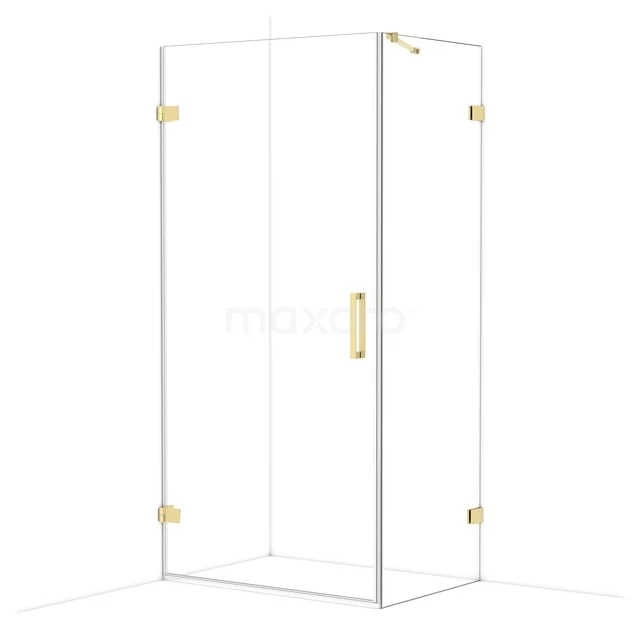 Shower cabin with gold-coloured accents, corner model, clear glass doors; stylish and functional for any modern bathroom.