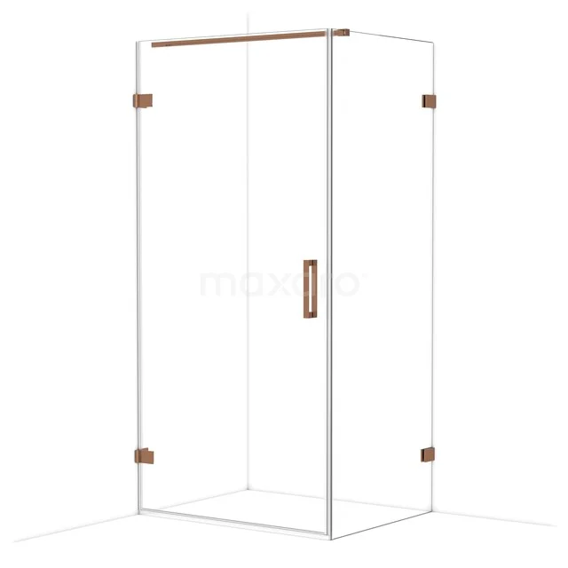 Douchecabine met een strakke, glazen design en koperkleurige accenten, ideaal voor een moderne badkamer inrichting.